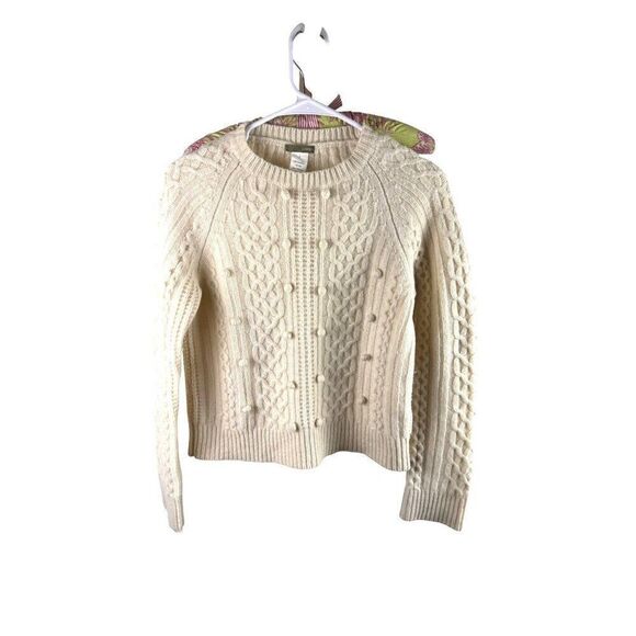 J.Crew Womens Cable-Knit Lambswool Pom-Pom Sweater Ivory Size S Cozy EUC - Picture 1 of 8